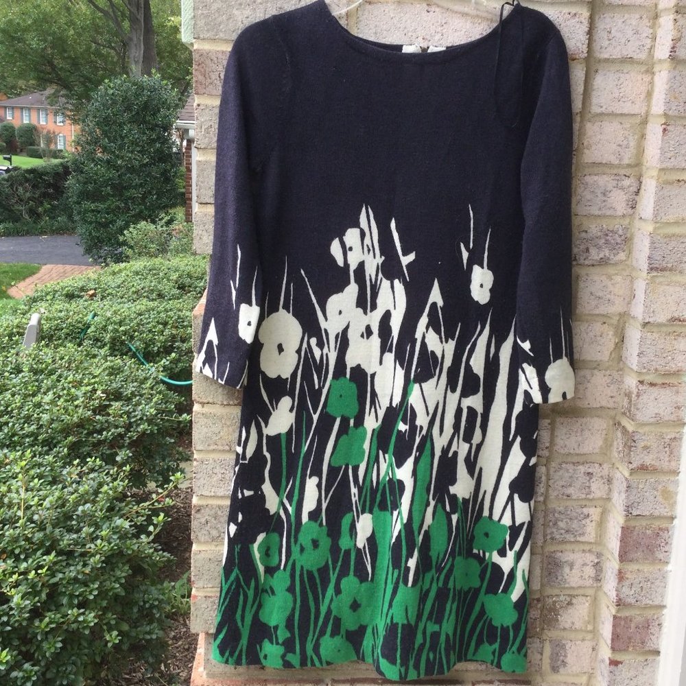 Green & White Floral on Black Longsleeve Sweater Dress